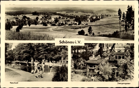 Ak Schönau Falkenstein im Vogtland Sachsen, Naturbad, Zwergengarten, Totale
