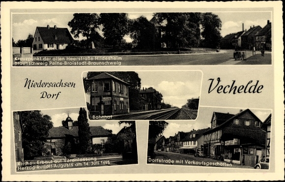 Ak Vechelde Nedersaksen, treinstation, zicht op spoor, dorpsstraat met winkels, oversteekplaats
