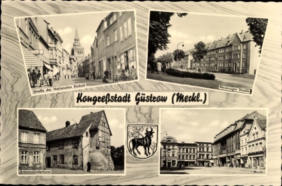 Postcard Güstrow in Mecklenburg, Street of National Unity, Armenünder Tower, Neukruger Street, Market