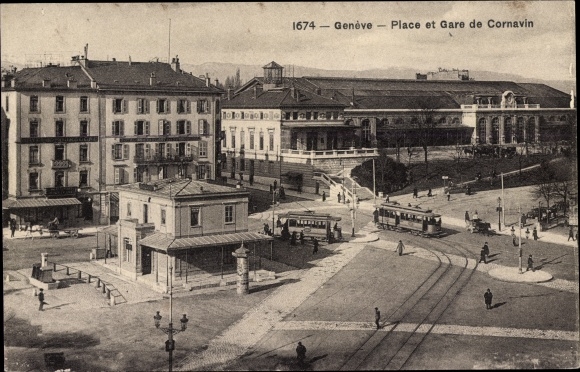 Postcard Genf, general view of the Place and the Cornavin station, Straßenbahn