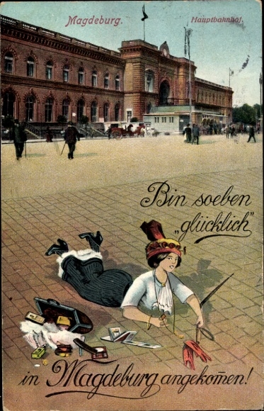 Postcard Magdeburg on the Elbe, main station, travelers, happy people arrived