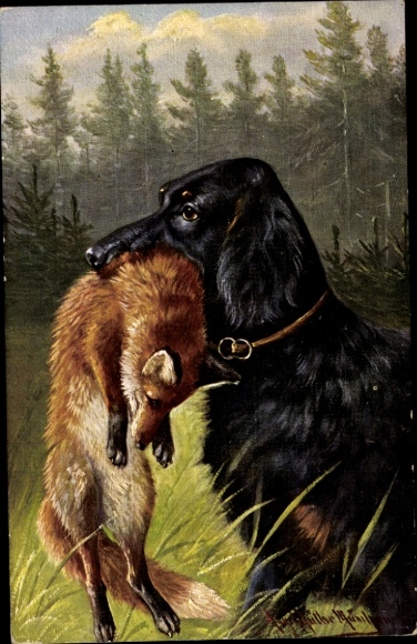 Artist PC Müller, August, setter dog with dead fox, hunting