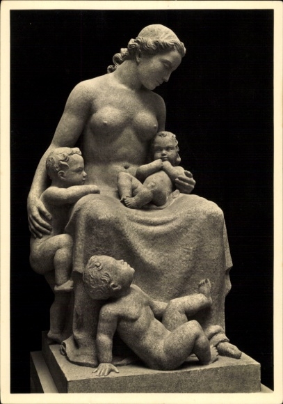 Postcard sculpture by Elsa Montag, mother, woman with children, infant, HDK 550