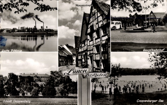Postcard Lünen in Westphalia, Cappenberger See, Cappenberg Castle, Zeche Viktoria, main station, half-timbered houses