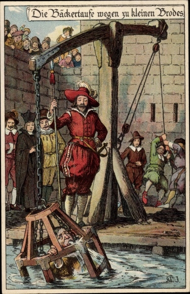 Künstler Litho Jodolfi, Die Bäckertaufe wegen zu kleinen Brotes, Strafen im Mittelalter