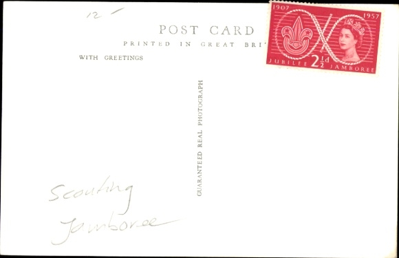 Postcard Jubilee Jamboree, Sutton Coldfield, 1957, Queen Elizabeth II, Prince Philip, automobile