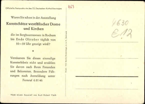 Artist Postcard Vieth, KH, Bochum in the Ruhr area, city of the 73rd German Catholic Day 1949