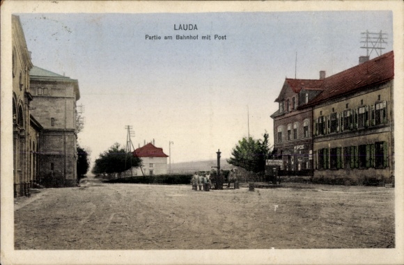 Ak Lauda Königshofen in Tauberfranken, Bahnhof und Post