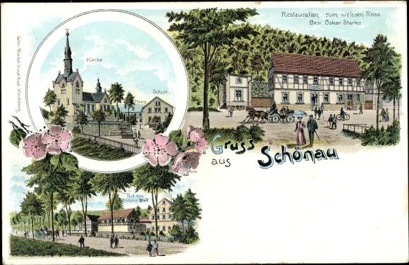 litho Schönau Berzdorf aan de Eigen Sachsen, kerk, school, restauratie van het witte paard