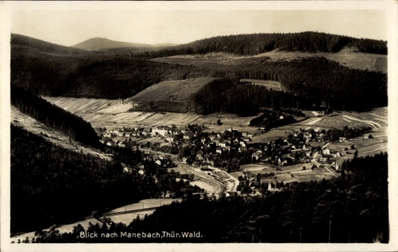 Ak Manebach Ilmenau in Thüringen, uitzicht op het Thüringer Woud, fotografie, landschap
