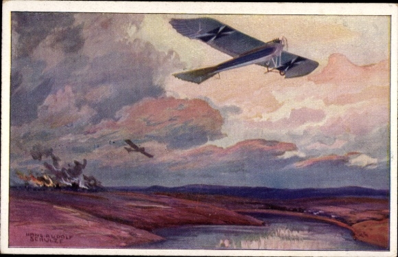 Artist Postcard Schulze, Hans Rudolf, Military pigeon on reconnaissance flight near the Masurian Lakes, World War I