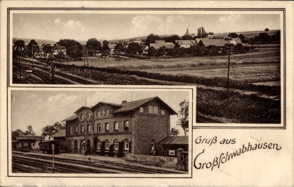 Ak Großschwabhausen in Thüringen, Bahnhof Gleisseite, Gesamtansicht