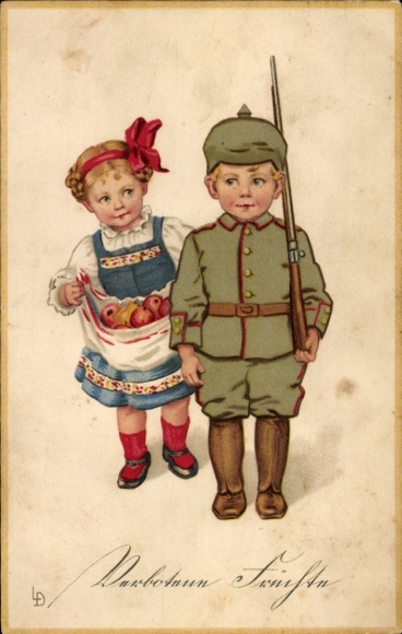 Artist Postcard Döring, Lia, Forbidden Fruits, Boy in Uniform, Girl