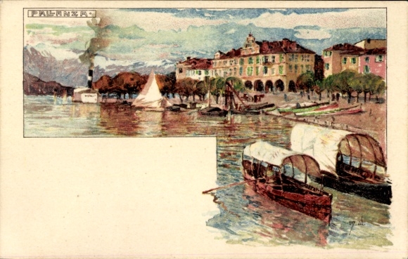 Kunstenaar litho Wielandt, Manuel, Pallanza Verbania Piemonte, kustgebied, boten