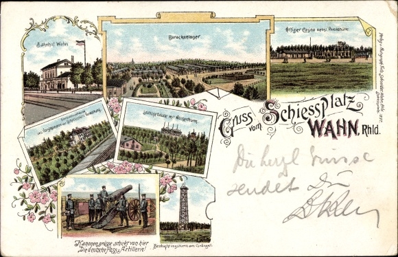 Chromo-Litho Wahn Cologne, shooting range, barracks camp, train station, observation tower at Gängel