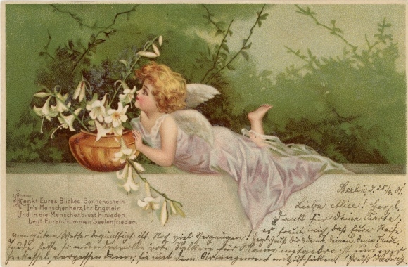 Chromo-Litho Angel with lily blossoms, direct your gaze sunshine