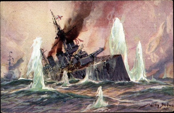 Artist PC Stöwer, Willy, Naval Battle North Sea 1915, English battle cruiser, German cruiser