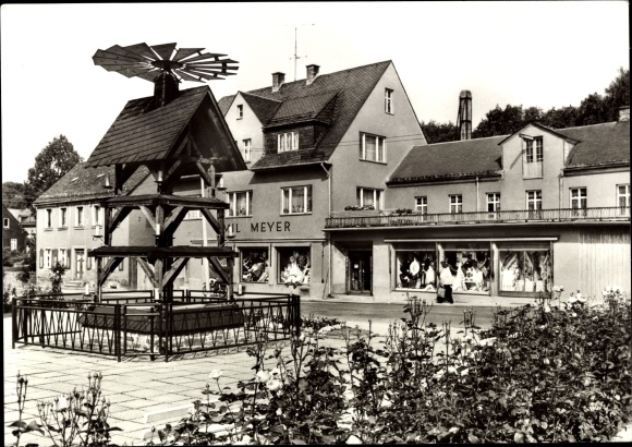 Postcard Raschau in the Ore Mountains, park at the House of Folk Art, Emil Meyer shop