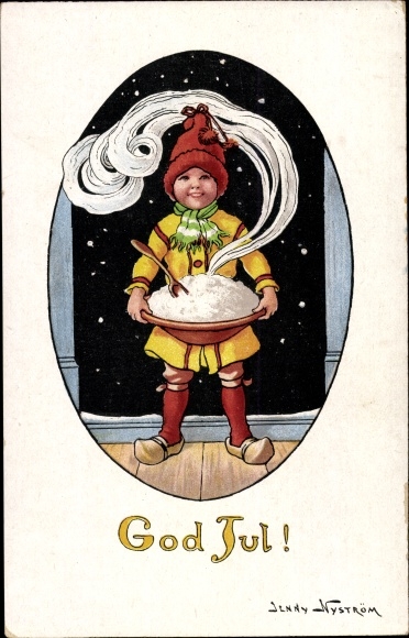 Artist PC Nyström, Jenny, Congratulations Christmas, boy in Swedish costume with a plate