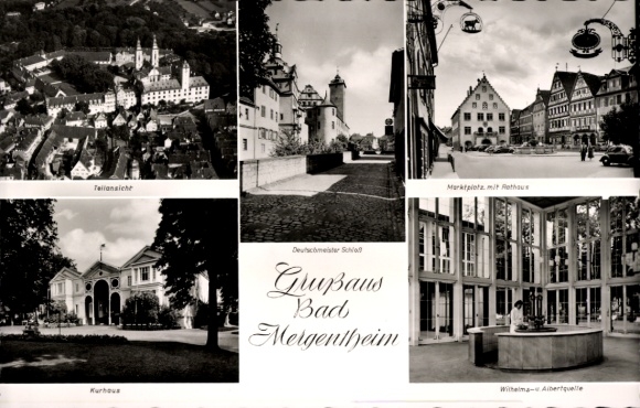 Postcard Bad Mergentheim in Tauberfranken, city view, spa house, market square, Wilhelma-Albertquelle