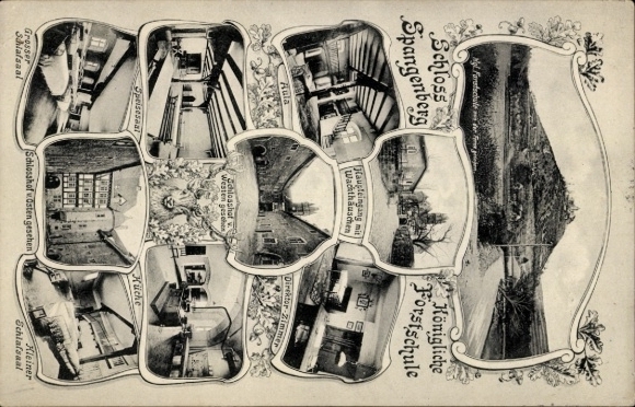 Postcard Spangenberg in Hesse, Castle, Royal Forestry School, Auditorium, Dining Hall, Castle Courtyard
