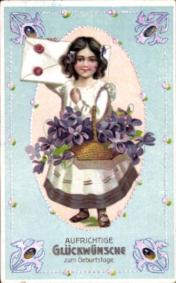 Postcard birthday wishes, girl with flower basket