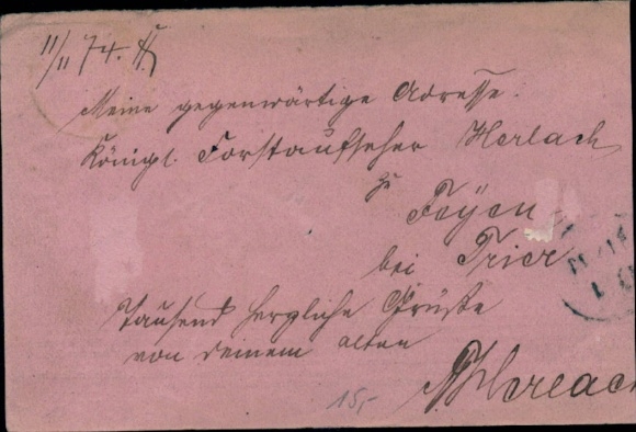 List do Trewiru z 8 listopada 1874 r., data tekstowa po dacie stempla