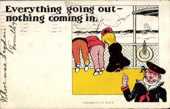 Künstler Ak Seekranke Passagiere, Humor, Everything going out, nothing coming in