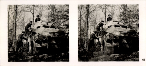 Stereo image photo "The Battle in the West", No. 48, armored reconnaissance vehicle preparing for combat mission