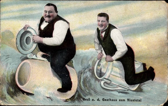 Postcard Two men on beer mugs, Inn zum Niestetal, Heiligenrode