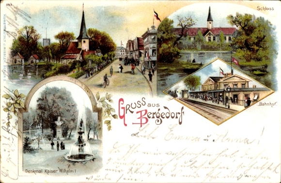Chromo-Litho Hamburg Bergedorf, Castle, Railway Station, Monument to Kaiser Wilhelm I, Castle