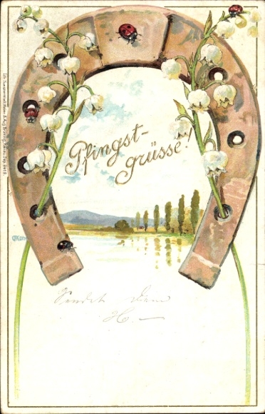 Präge Litho Glückwunsch Pfingsten, Hufeisen, Marienkäfer, Maiglöckchen