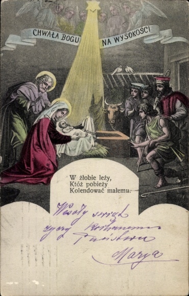 Ak Bethlehem Palästina, Weihnachtskrippe mit Maria, Josef, Ochs und Esel. Hirten und Engel sch...