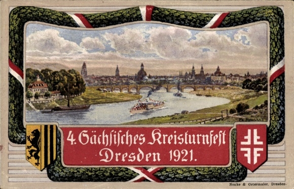 Coat of arms artist Postcard Dresden, 4th Saxon District Gymnastics Festival 1921, view from the Waldschlösschen