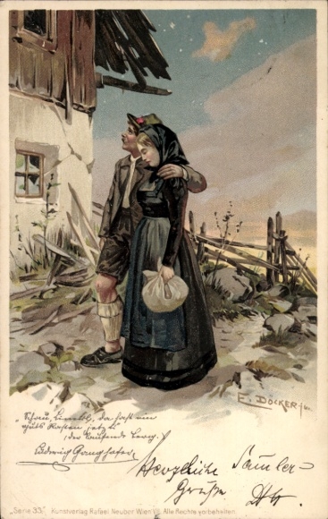 Kunstenaar litho Döcker, E, boerenpaar, Ludwig Ganghofer