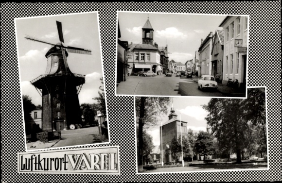 Postcard Varel in Oldenburg Jadebusen, windmill, street view, square