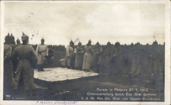 Postcard Plotycza Ukraine, parade 27 January 1916, distribution of medals by His Excellency Count Bothmer, 48th Reserve Division