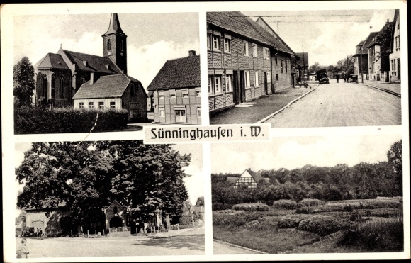 Ak Sünninghausen Oelde in Münsterland, kerk, dorpsstraat, plein, veld