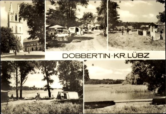 Postcard Dobbertin Mecklenburg, monastery church, campsite, lake party