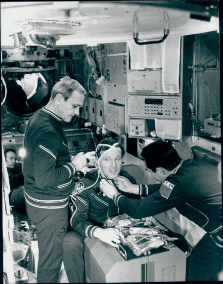 Photo: Cosmonaut Vladimir Dzhanibekov, Jean-Loup Chretien, Alexander Ivanchenkov, Salyut Simulator