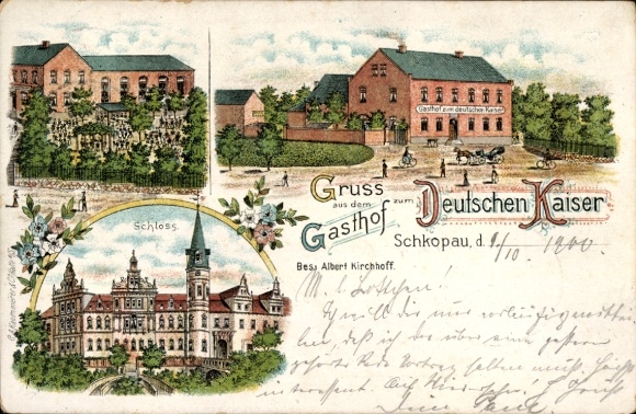 Chromo-Litho Schkopau in the Saalekreis, Gasthof zum Deutschen Kaiser, owner Albert Kirchhoff, Castle