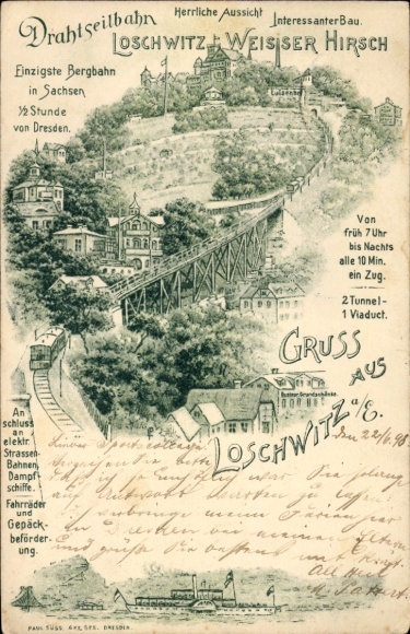Chromo-Litho Dresden Northeast Loschwitz, Weißer Hirsch, cable car, guesthouse