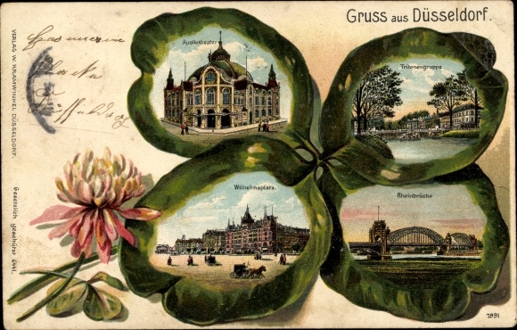 Embossed Kleeblatt Chromo-Litho Düsseldorf am Rhein, Tritonengruppe, Rheinbrücke, Wilhelmsplatz, Apollotheater