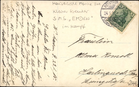 Postcard German warship, SMS Emden, small cruiser bombards Madras, Imperial Navy