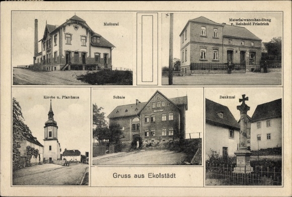 Ak Ekolstädt Eckolstädt Bad Sulza Thüringen, zuivelfabriek, kerk, pastorie, school, monument, winkel