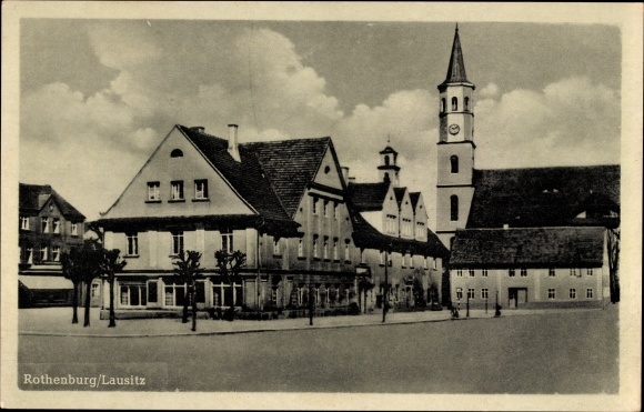 PC Rothenburg in der Oberlausitz, part of the street near the church, business buildings