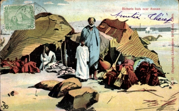 Postcard Assouan Aswan Egypt, Bichari's huts, family