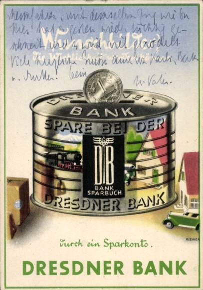 Artist Postcard Dresdner Bank, branch Brandenburg an der Havel, savings account, money box