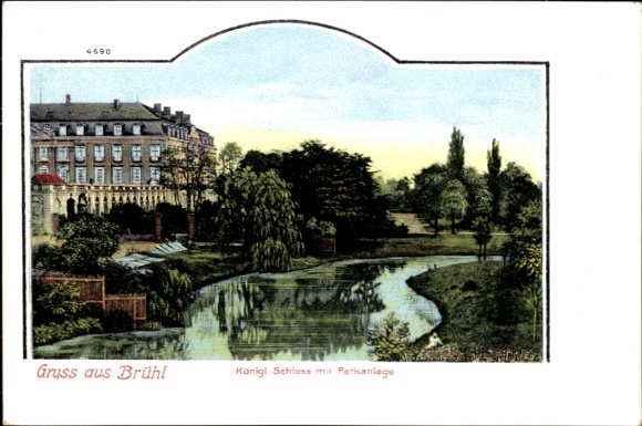 KP Brühl w Westfalii, park zamkowy, cieki wodne, drzewa, kolorowa ilustracja