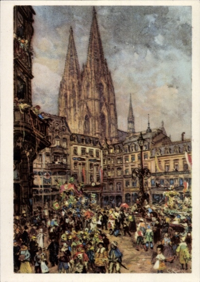 Postal stationery artist PC Cologne on the Rhine, carnival, parade, cathedral